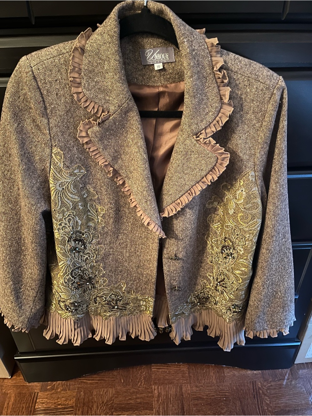 Nique Brown Tweed Embroidered Blazer with Ruffle Trim